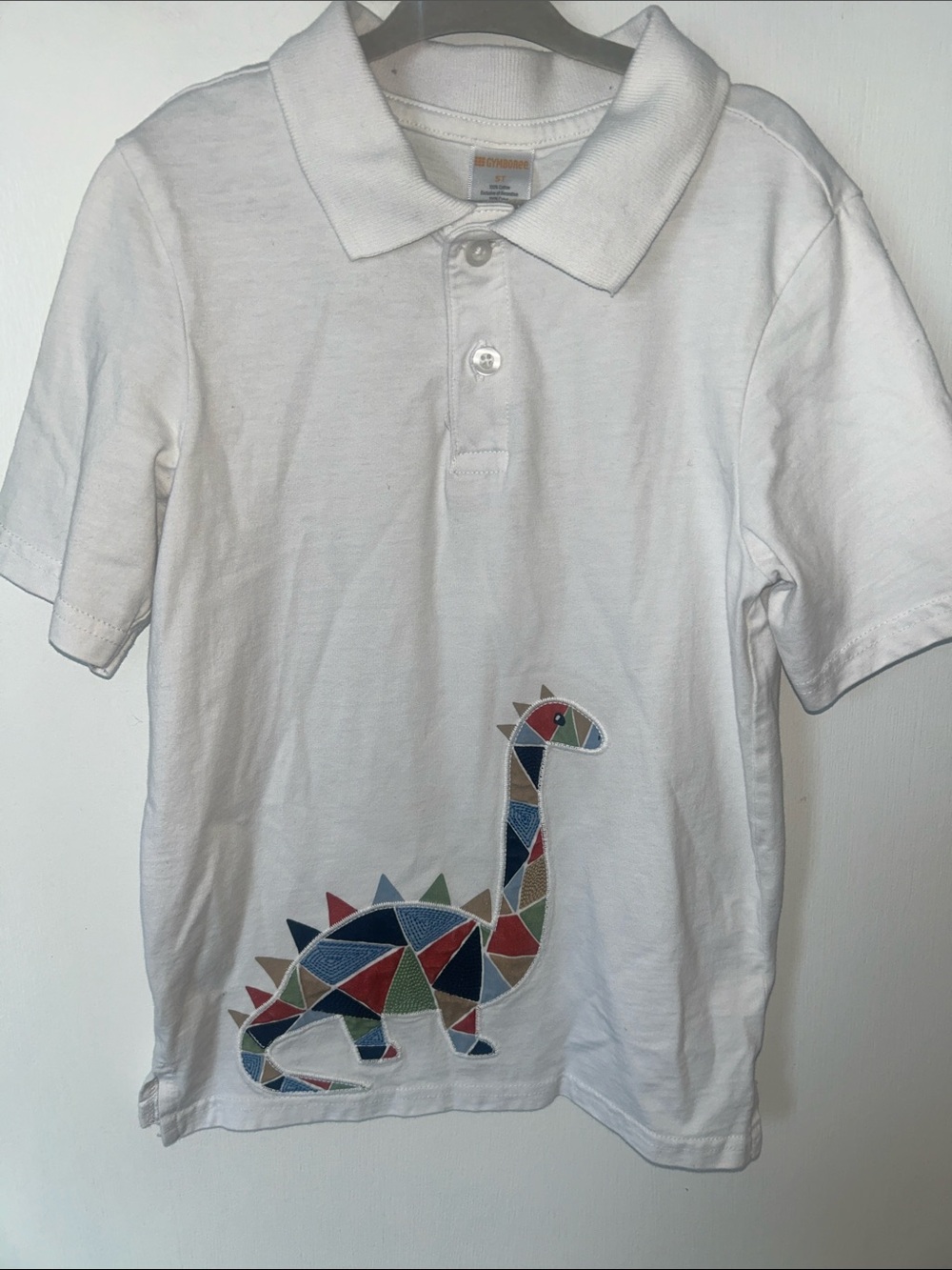 Kids White Polo Shirt with Colorful Dino Patch - size 5T